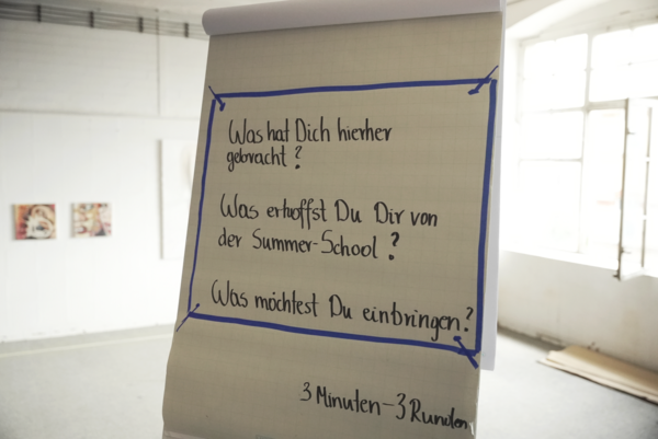 Flipchart with the questions: What brought you here? What do you hope to gain from the Summer School? What would you like to contribute?